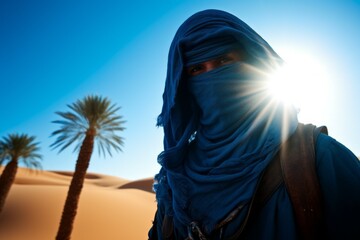 Wall Mural - Tuareg man in authentic national blue clothes with a covered face. AI generated, human enhanced