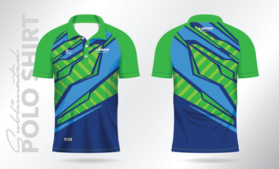 blue green sublimation polo shirt mockup template design for badminton jersey, tennis, soccer, footb