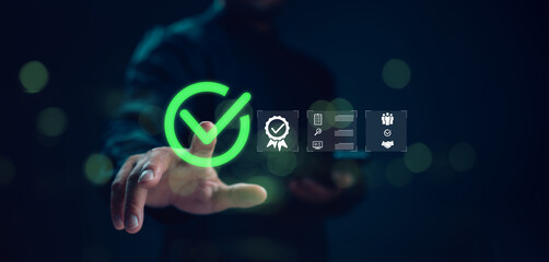 Poster - Businessman hand touch on the sign of top service Quality assurance, Guarantee, Standards, ISO certification and standardization concept. QC or quality control, quality assurance management.