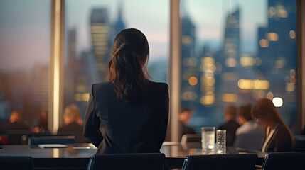 back view of women sitting apart at office table, she's working or studying, dining in meeting room, back view of business women concept with tower view . blured and bokeh background.generativeAI 