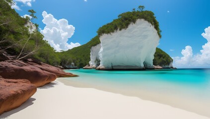 Wall Mural - A Composition Of A Dramatically Lit Beach With A White Rock Formation AI Generative