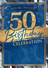 50th Blue and Gold Birthday Party Invitation Template Design