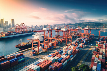 Poster - container terminal and harbor scene, international trade, commerce, industry, logistics, and transport, global economic