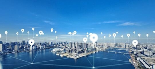 modern cityscape and location information concept. gps. global positioning system. navigation map. c