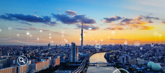 Poster - Modern cityscape and communication network concept. Telecommunication. IoT (Internet of Things). 5G. Smart city. Digital transformation. Composite visual with a drone point of view. Mixed media.