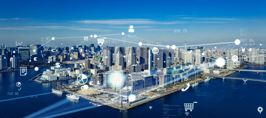 Poster - Modern cityscape and communication network concept. Telecommunication. IoT (Internet of Things). 5G. Smart city. Digital transformation. Composite visual with a drone point of view. Mixed media.