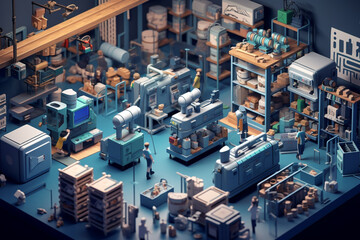 isometric from a high-angle perspective, a 3D model mockup presents an immersive view of a factory building from an exterior to an interior depiction. generative AI.