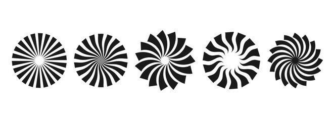 Poster - Simple curl sunburst circles collection. Black radial twisted elements pack. Set of round rays and beams. Geometric stars pack. Vector illustration concept for banner, badge, sticker, poster.