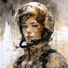 Wall Mural - Close up of a female astronaut wearing a helmet, illustration effect