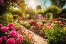 Paradise Garden Full Of Flowers, Beautiful Idyllic Background With Many Flowers In Eden