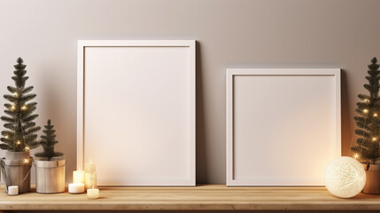 two Empty Photo frame Mockup with candles and Christmas ornaments and Christmas tree on wooden desk.Minimalist Christmas.Scandinavian Christmas decoration.Hygge style made with Generative AI.