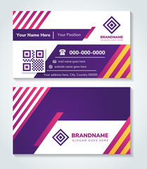 Poster - Set of double sided business card templates with random diagonal stacked bars on purple and white background. horizontal layout combined with pink and yellow gradient colors element.