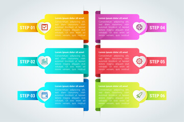 Poster - 6 steps of design thinking process in horizontal colorful flow chart with emphasize, define, ideate,