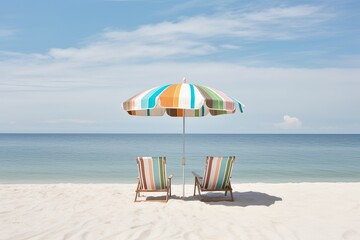 Canvas Print - Two beach chairs and an umbrella on a white sand beach. Generative AI.