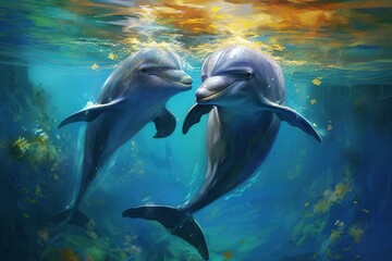 Wall Mural - Couple dolphins swimming underwater. Generative AI.