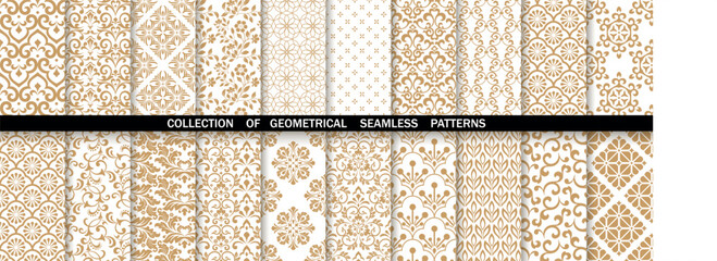 Geometric floral set of seamless patterns. White and gold vector backgrounds. Damask graphic ornaments