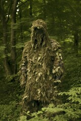 Wall Mural - Man dressed as the forest standing in the forest, camouflaged. Generative AI.
