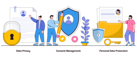 Poster - data privacy, consent management, personal data protection concept with character. privacy complianc