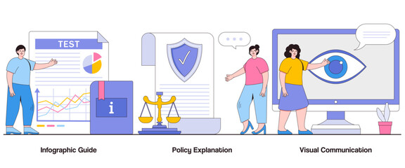 Poster - Infographic Guide, Policy Explanation, Visual Communication Concept with Character. Information Visualization Abstract Vector Illustration Set. Policy Breakdown Metaphor