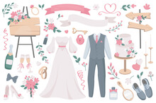 Wedding Objects Mega Set In Graphic Flat Design. Bundle Elements Of Bride Dress, Groom Suit, Empty Ribbons, Flowers Bouquet, Champagne, Glasses, Rings, Other. Vector Illustration Isolated Stickers