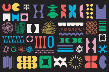 Aufkleber - Retro geometric shapes mega set in graphic flat design. Bundle elements of colourful figures and decorative brutal forms collage in vintage bauhaus memphis style. Vector illustration isolated objects
