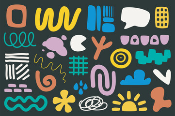 Aufkleber - Abstract hand drawn shapes mega set in graphic flat design. Bundle elements of figures, curve lines, decorative bubble, sun, flower forms in colourful collage. Vector illustration isolated objects