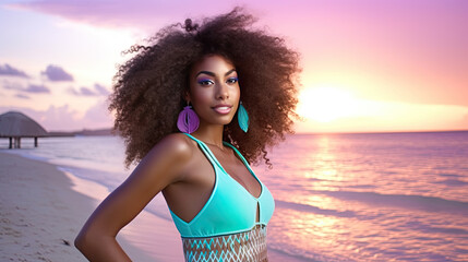 Wall Mural - stylish girl in blue dress is standing with flying hair from wind at sunset on beach and sea