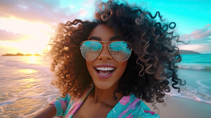 Wall Mural - stylish girl in blue dress is standing with flying hair from wind at sunset on beach and sea