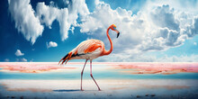 Flamingo Walking On Tropical Beach With Blue Sky White Clouds Abstract Background. Nature Environment And Animal Concept