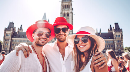 Young people celebrating Canada Day infront of Parliament of Canada. Happy tourists visiting Canada. Summer vacation. Generative ai.