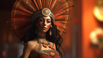 Ilustración mujer azteca, prehispanica. colorida