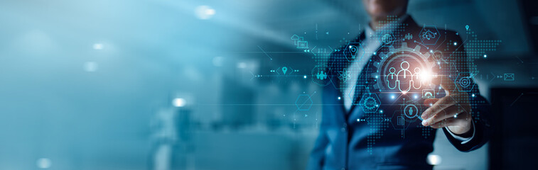 Poster - Customer Relationship Management, CRM. Businessman pointing icon with customer service team of business, Strategies for business development in the midst of intense competition on global network.