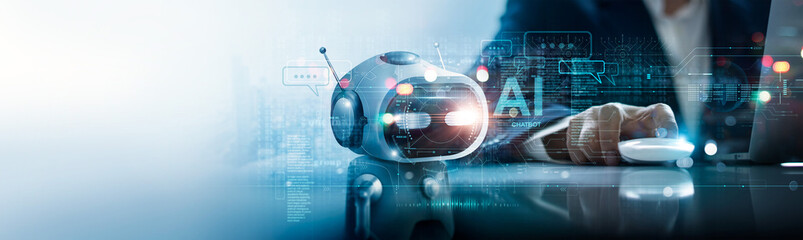 Poster - Businessman connected of digital chatbot for provide access to information and big data on online network, robot application and global connection, AI, Artificial intelligence, machine deep learning.