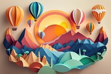 Cardboard Style. Many Hot Air Balloons In The Sky Over The Mountains At Sunrise. Generative Ai.