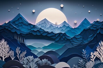 Sticker - cardboard wallpaper. mountain landscape of mountains above the night sky in the rays of the sun. generative ai.