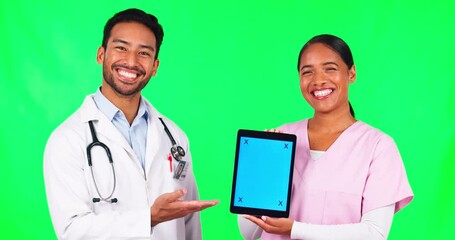 Sticker - Doctor, team and tablet mockup on green screen for advertising in healthcare against a studio background. Portrait of happy man and woman nurse show technology app or social media on mock up space