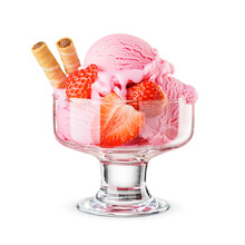 Strawberry Pink Ice Cream Scoops Served On A Glass Dessert Bowl Isolated. Transparent PNG Image.