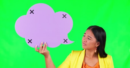 Wall Mural - Green screen, no and woman face with speech bubble, tracking markers and bad review on mockup background. Portrait, fail and unhappy asian female customer with poster and negative vote or feedback