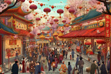 Fototapeta Uliczki - Celebration Chinese new year in china town. Dragon and paper red lanterns. AI generated.