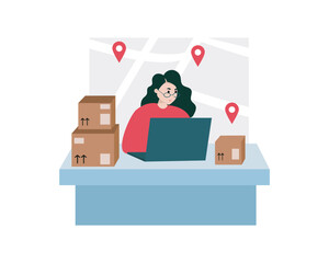 Postal service worker in workplace. Focused young woman seated at desk with piles of cardboard boxes typing on portable computer. Flat vector illustration