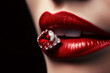 © alexkoral - ring with precious stone diamond in woman's lips with red lipstick close-up. Generative AI