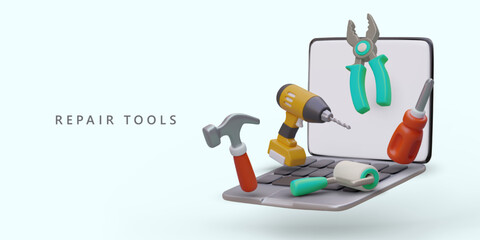 Repair tools. Online store, large assortment. 3D open laptop, roller brush, screwdriver, pliers, hammer, cordless drill. Remote selection, non cash payment. Color modern advertising poster