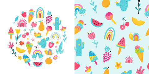 Bright pattern set with summer hand drawn elements