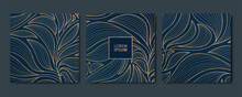 Vector Set Of Leaf Gold Patterns, Art Deco Luxury Square Cards. Wavy Art Deco Floral Banners, Package, Bakgrounds, Fancy Design.