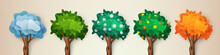 Paper Cut Trees. Spring Season Art. Autumn Flowers And Winter Landscape. Summer Papercut Growth. Seasonal Nature. Weather Environment. Forest Elements Set. Vector Exact Cartoon Concept