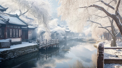  Winter landscape ancient chinese city embankment, chinese new year. Generative AI