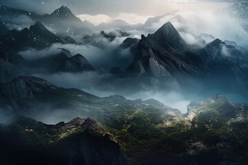 Poster - misty mountain landscape Generative Ai