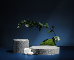 Poster - Stone pedestal stage product display background with nature moss on navy color.zen like backdrop