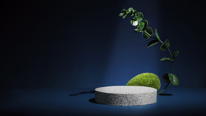 Poster - Stone pedestal stage product display background with nature moss on navy color.zen like backdrop