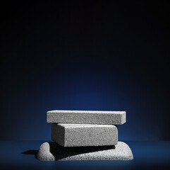 Poster - Stone block pedestal stage product display background on navy color.zen like backdrop